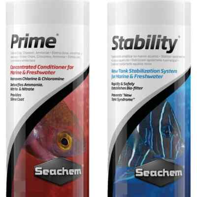 Bottles of Seachem Prime and Stability side by side