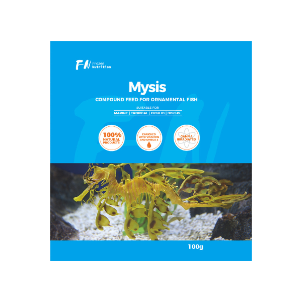 Package of Mysis compound feed for ornamental fish with blue background and fish image.
