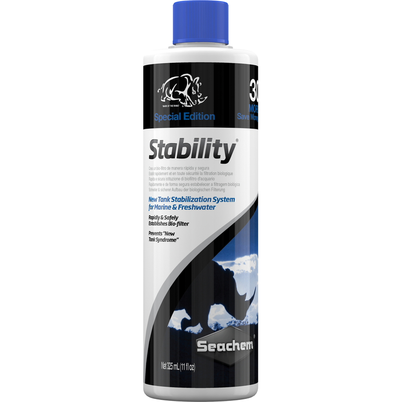 A bottle of Seachem Stability aquatic water treatment product.