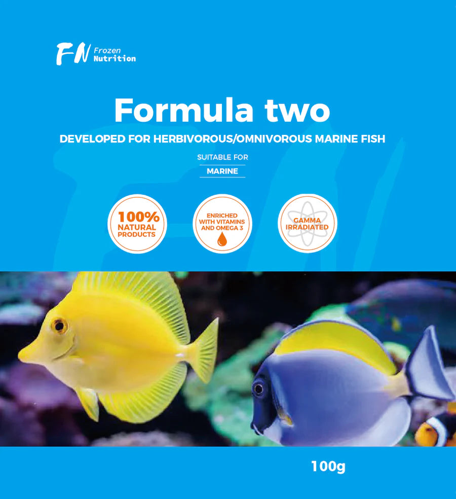Formula 2 Frozen Fish food packaging with two fish on a blue background, featuring Frozen Nutrition brand.