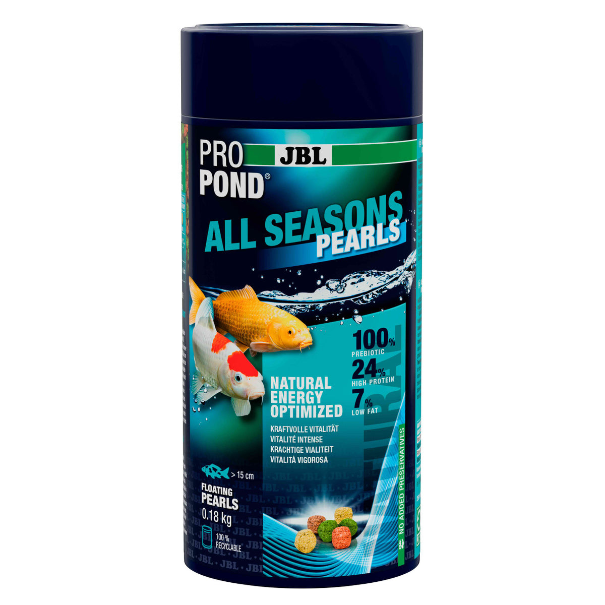 JBL ProPond All Seasons Pearls packaging with a Koi and Yellow Goldfish on a light and dark blue background with an illustration of the colours of the pellets.