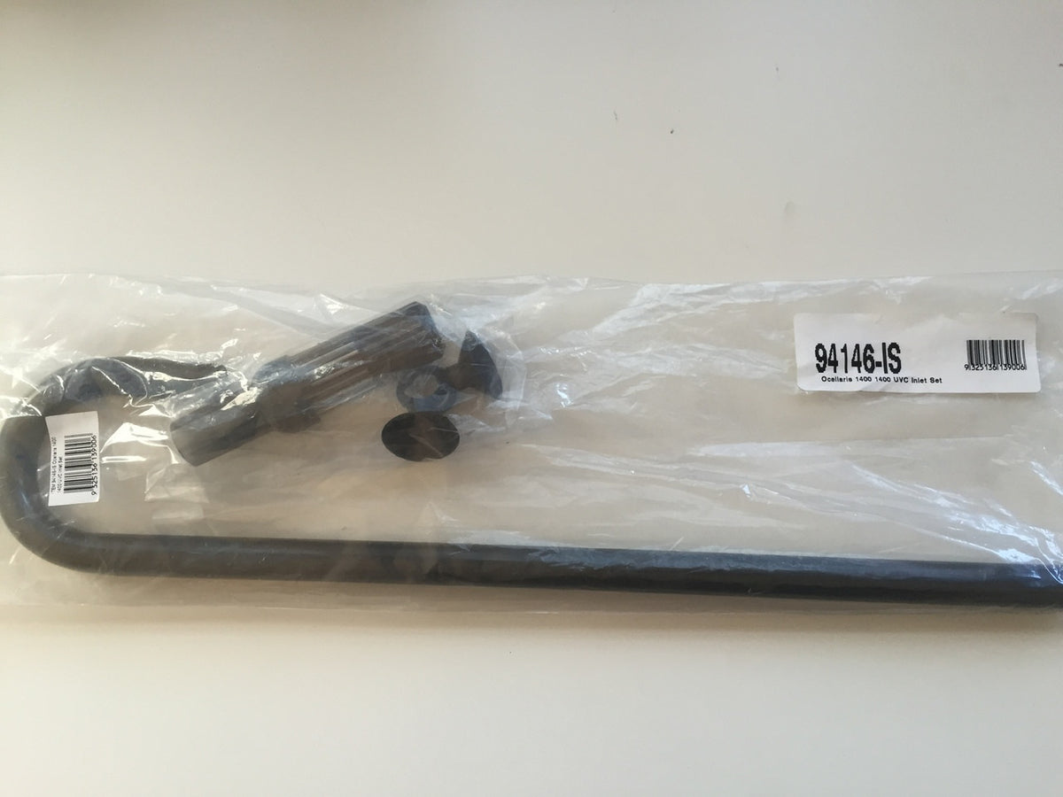 A plastic pipe wrapped in plastic packaging with 2 suction cups and a intake strainer on a white background