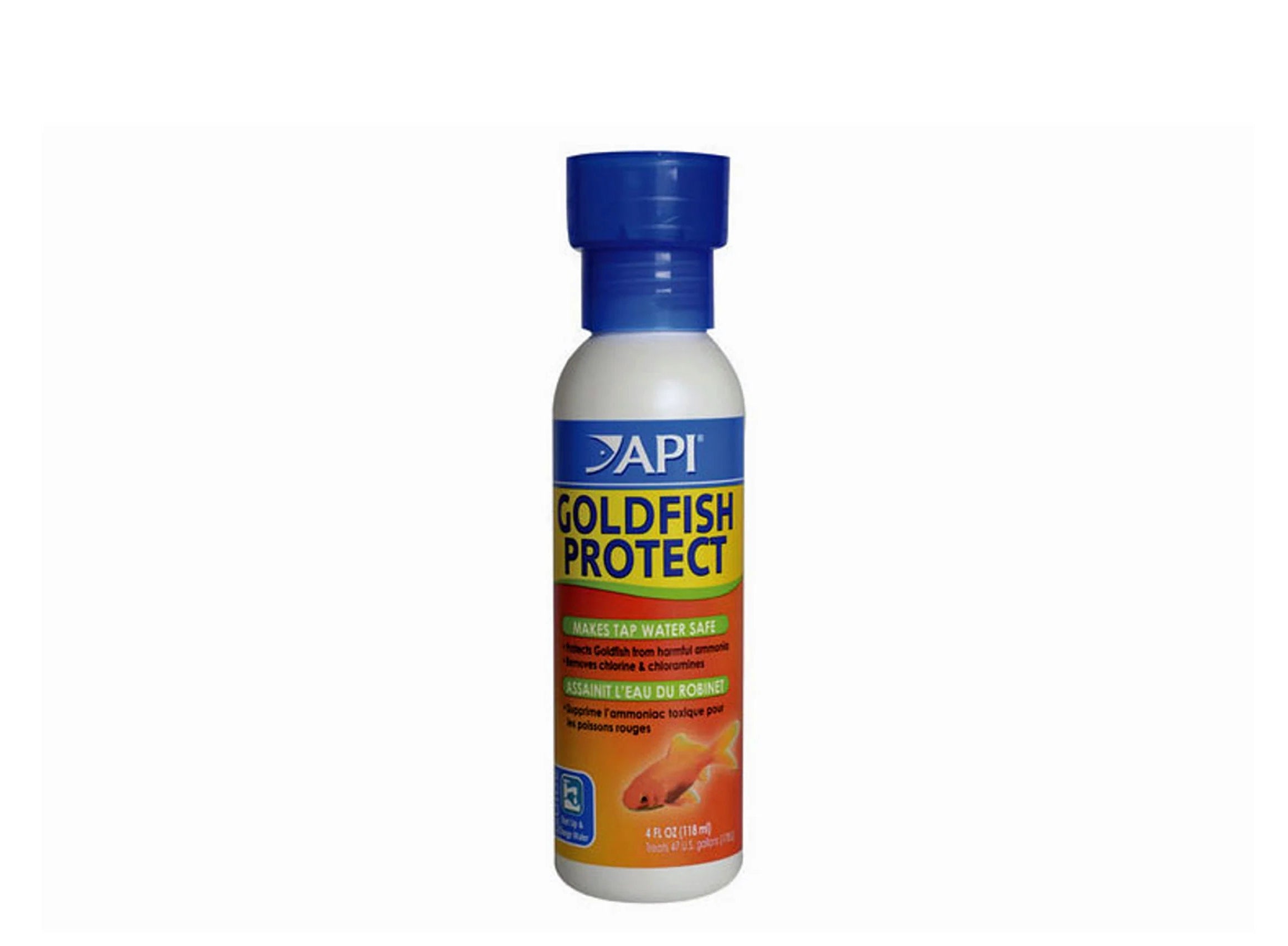 Bottle of API Goldfish Protect on a white background. Bottle has a blue lid with a blue, yellow and orange label with a orange goldfish picture on it