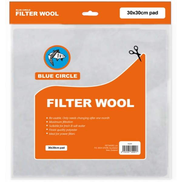 Packaging of Blue Circle Filter Wool, displaying the product as a 30x30cm pad, suitable for mechanical and biological filtration of water.