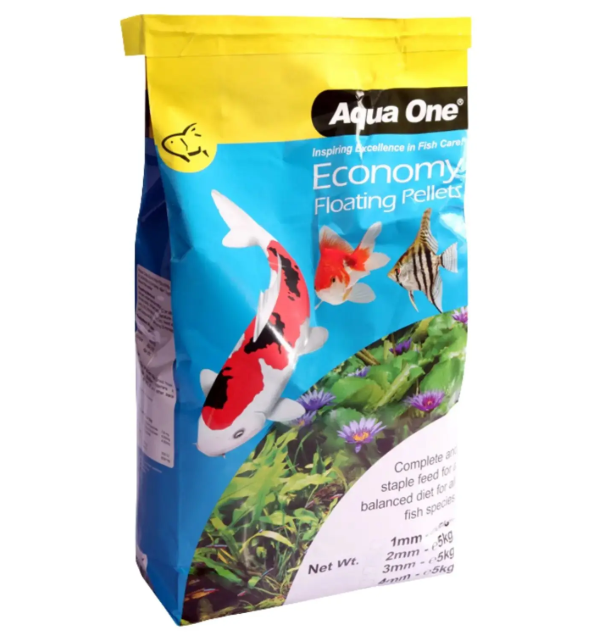 Aqua One Economy Floating Pellets packaging with fish images on a white background