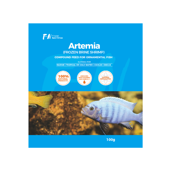 Artemia compound feed for ornamental fish packaging with blue background and fish image.