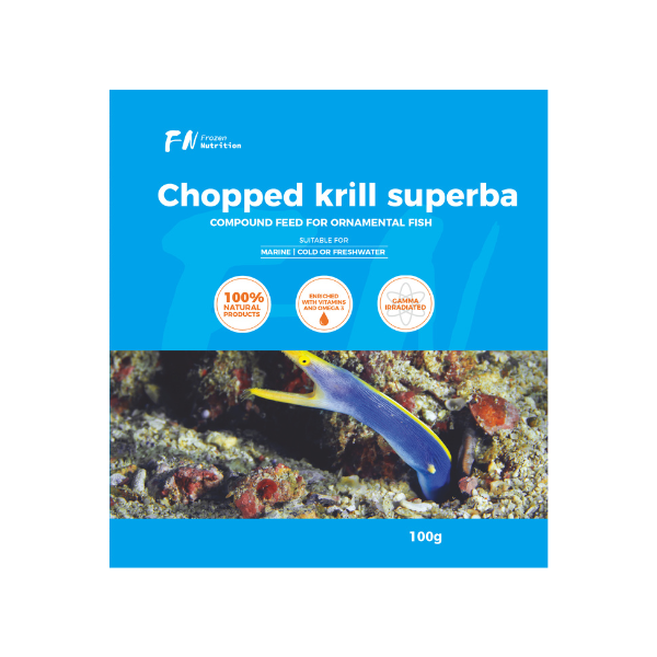 Package of Chopped Krill Superba fish food with a blue background and fish image.