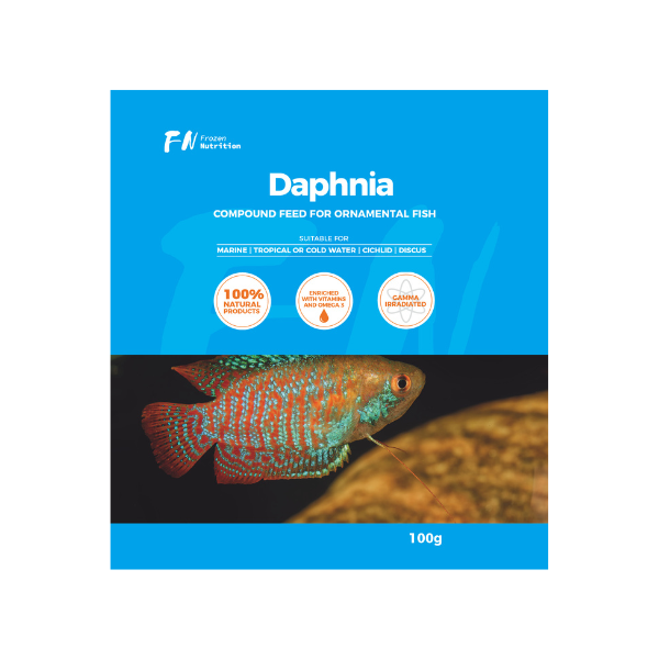 Package of Frozen Daphnia fish food with a blue dwarf gourami fish on a blue background