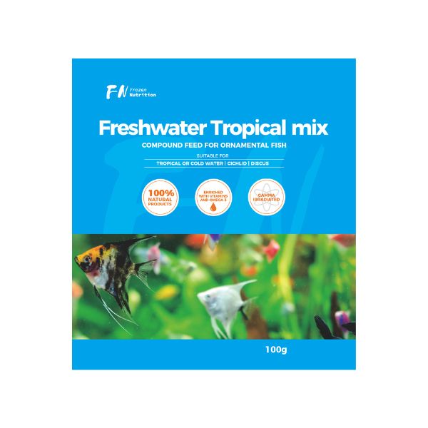 Package of F&N Freshwater Tropical mix fish food with images of fish on a blue background
