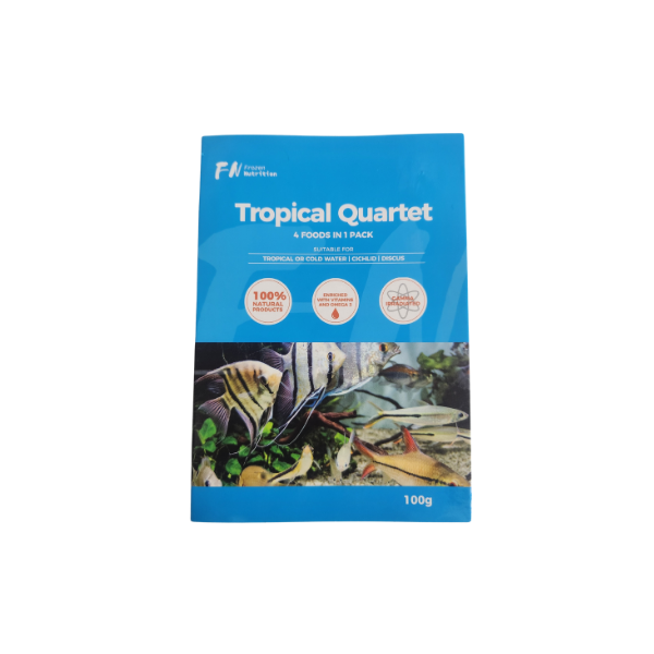 Frozen Nutrition Tropical Quartet fish food package with striped angelfish on a white background