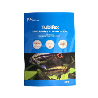 Tubifex fish food packaging with blue label and image of a fish on a white background