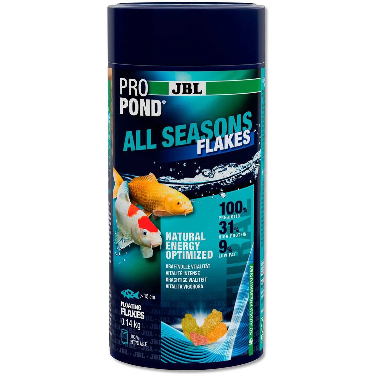 JBL ProPond All Seasons Flakes packaging with a Koi and Yellow Goldfish on a light and dark blue background with an illustration of the colours of the flakes.