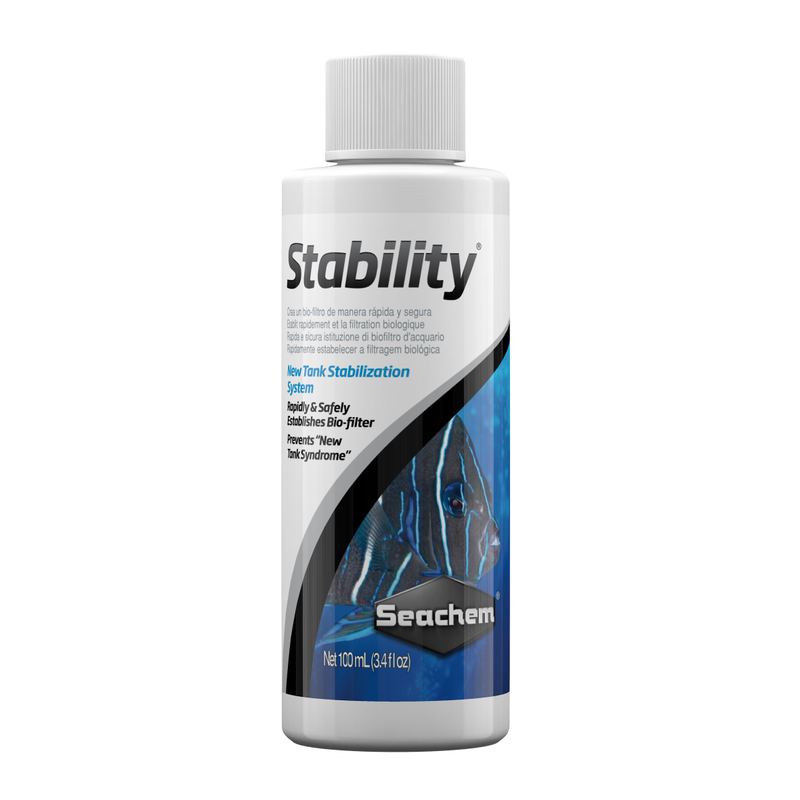 A bottle of Seachem Stability aquatic water treatment product.