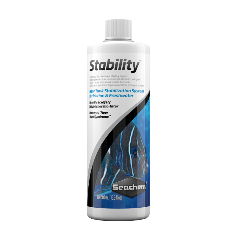 A bottle of Seachem Stability aquatic water treatment product.