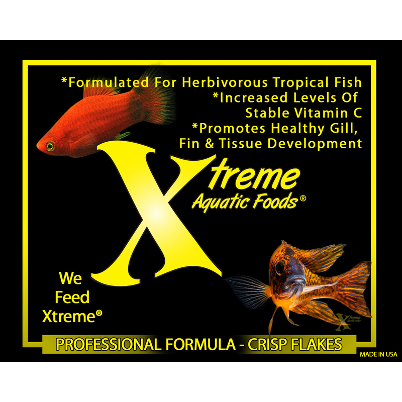Xtreme Aquatic Foods branding on a black background that highlights the important health benefits that Xtreme Community Crave flake food has on tropical fish.