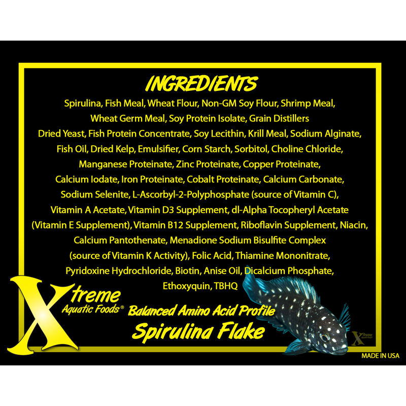 A yellow ingredient list that shows specially formulated food for good fish health. Black background with coloured fish.