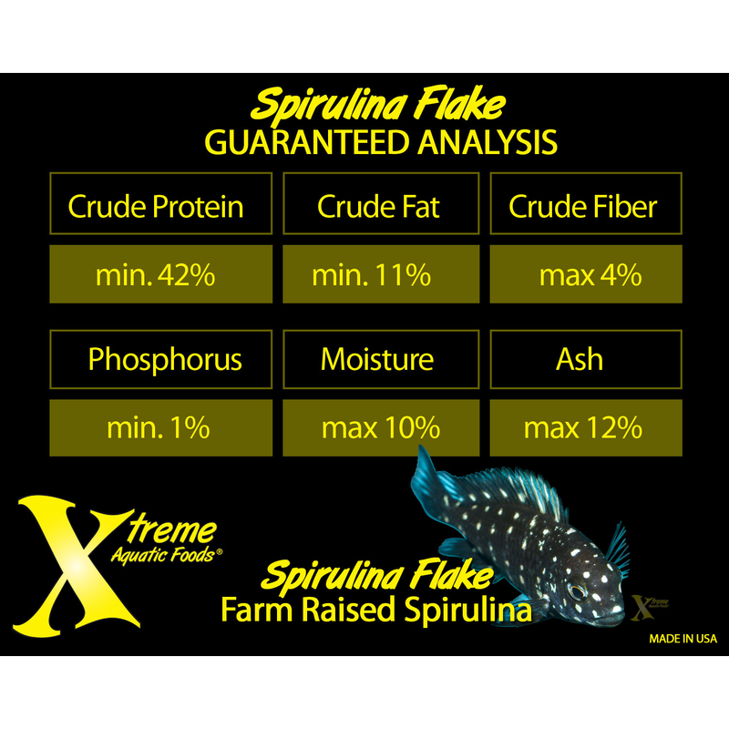 Product label for Xtreme Aquatic Foods Spirulina Flake with guaranteed analysis details and a fish illustration.