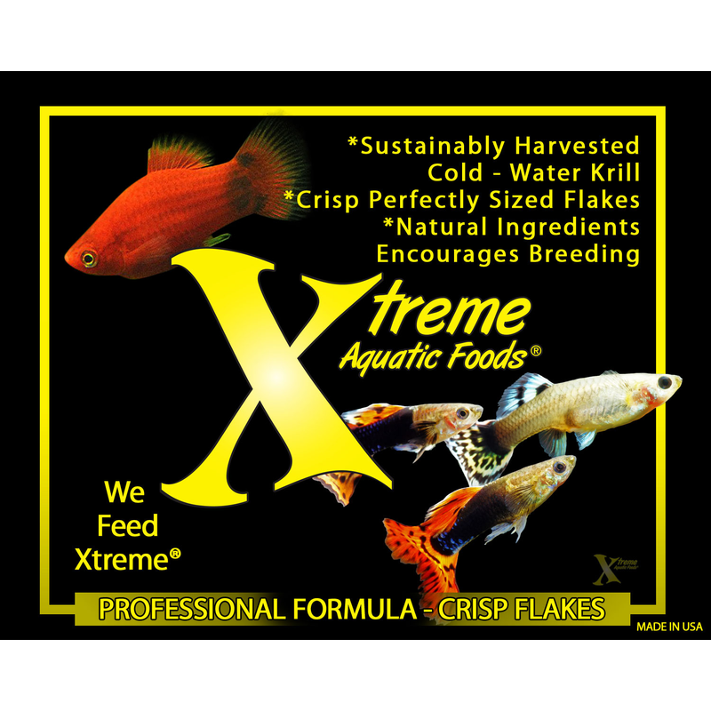 Ingredients list for Krill Flake with Xtreme Aquatic Foods branding on a black background.