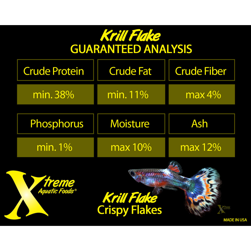 Product label for Xtreme Aquatic Foods Krill Flake with guaranteed analysis details and a fish illustration.