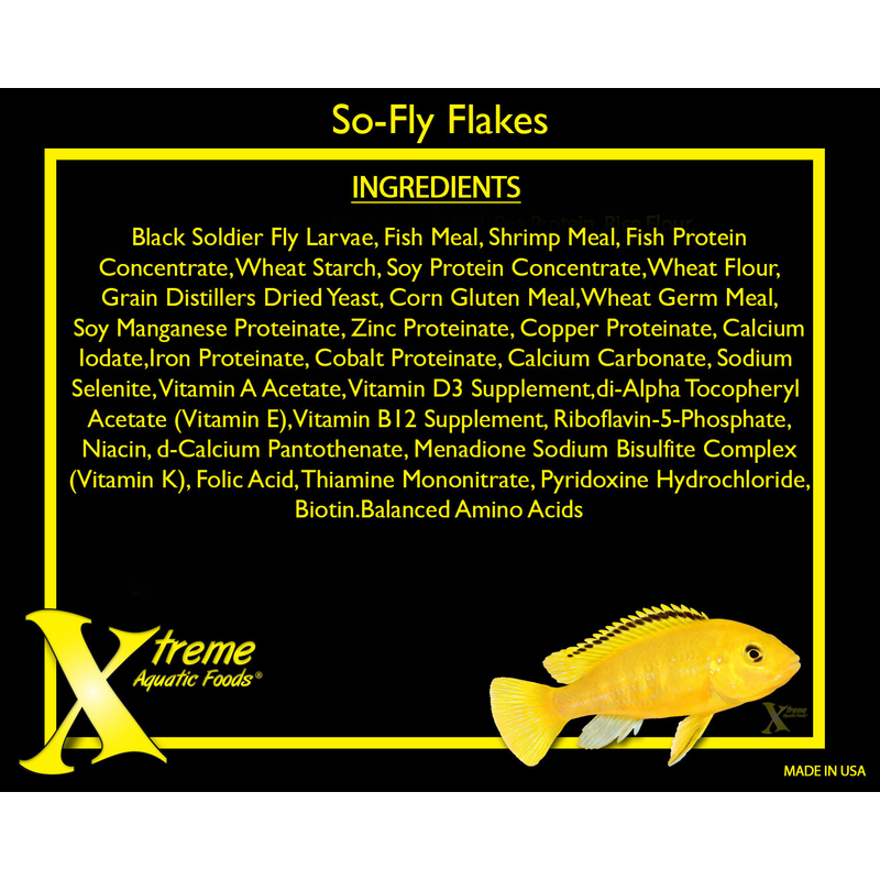 Ingredients list for So-Fly Flake with Xtreme Aquatic Foods branding on a black background.