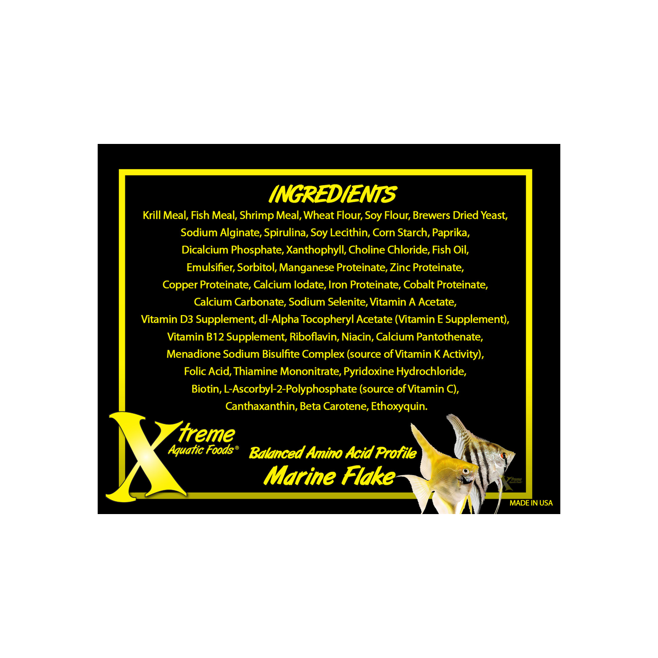 Ingredients list for Xtreme Marine Krill Flake with Xtreme Aquatic Foods branding on a black background.