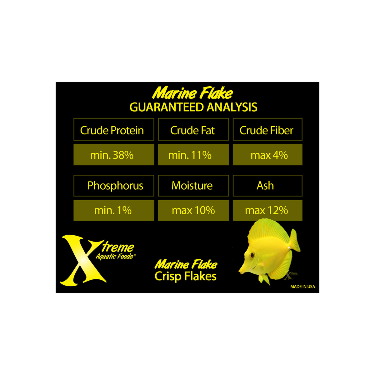 Product label for Xtreme Aquatic Foods Marine Krill Flake with guaranteed analysis details and a fish illustration.