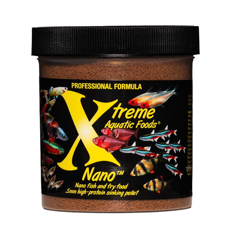 A clear container of Xtreme 142g Nano 0.5mm Pellet fish food, showing the product name and description, alongside a label showing various fish and the size of the food pellets.
