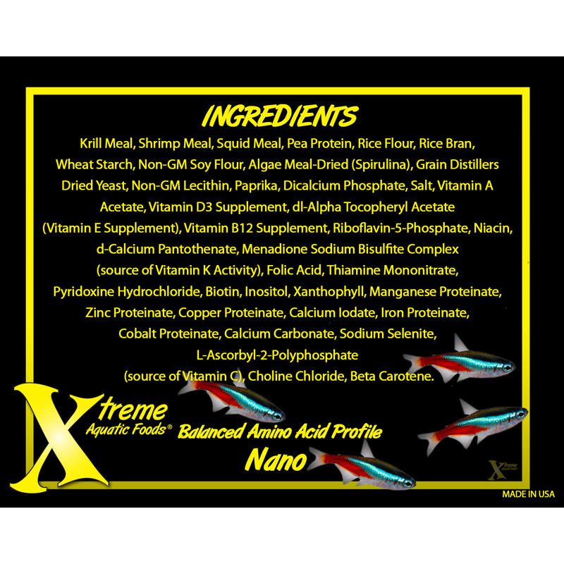 Ingredients list for Nano 0.5mm Pellet with Xtreme Aquatic Foods branding on a black background.