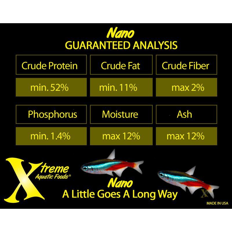 Product label for Xtreme Aquatic Foods 0.5mm Nano Pellet with guaranteed analysis details and a fish illustration.
