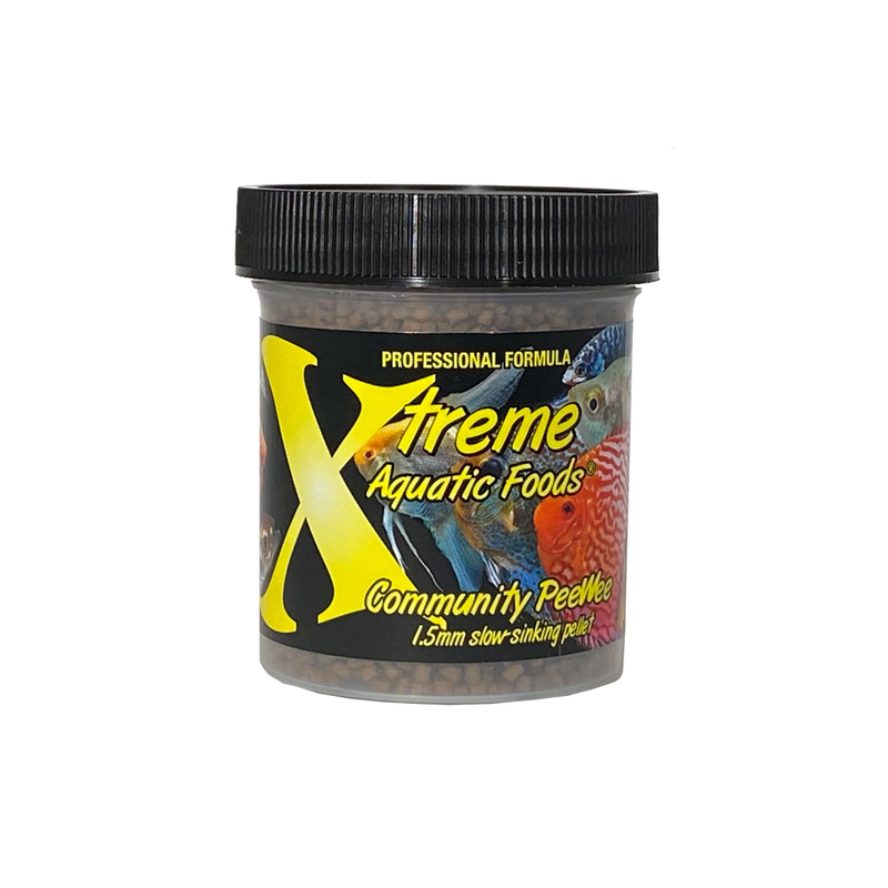 A clear container of Xtreme 70g Community Peewee 1.5mm Pellet fish food, showing the product name and description, alongside a label showing various fish and the size of the food pellets.