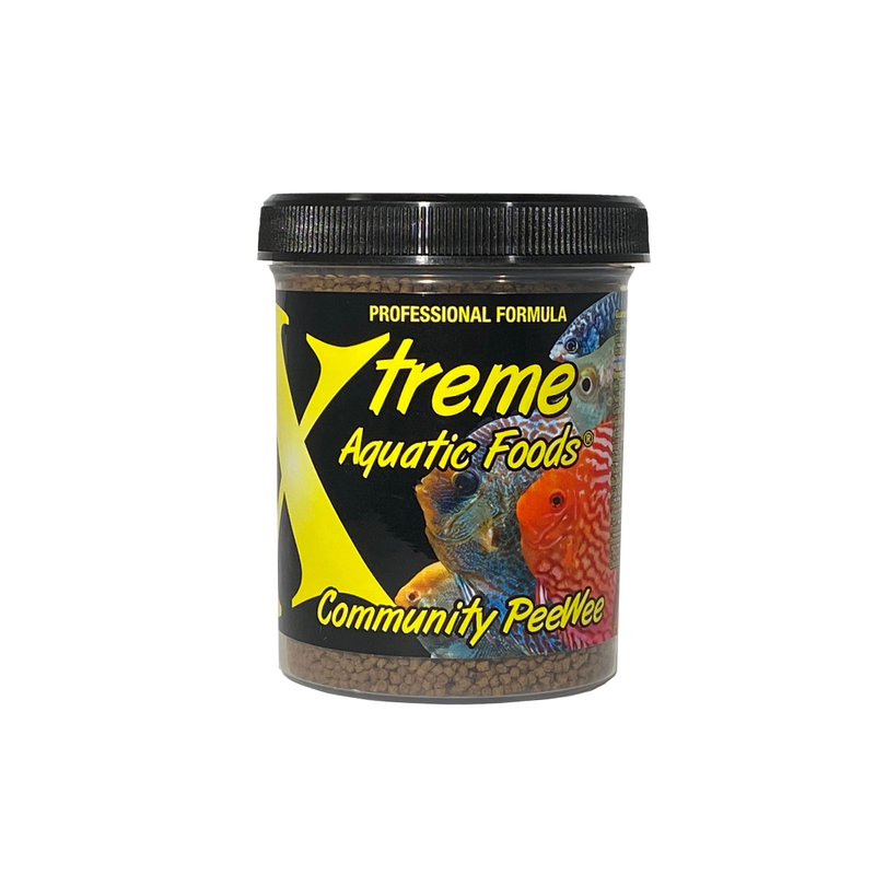 A clear container of Xtreme 141g Community Peewee 1.5mm Pellet fish food, showing the product name and description, alongside a label showing various fish and the size of the food pellets.