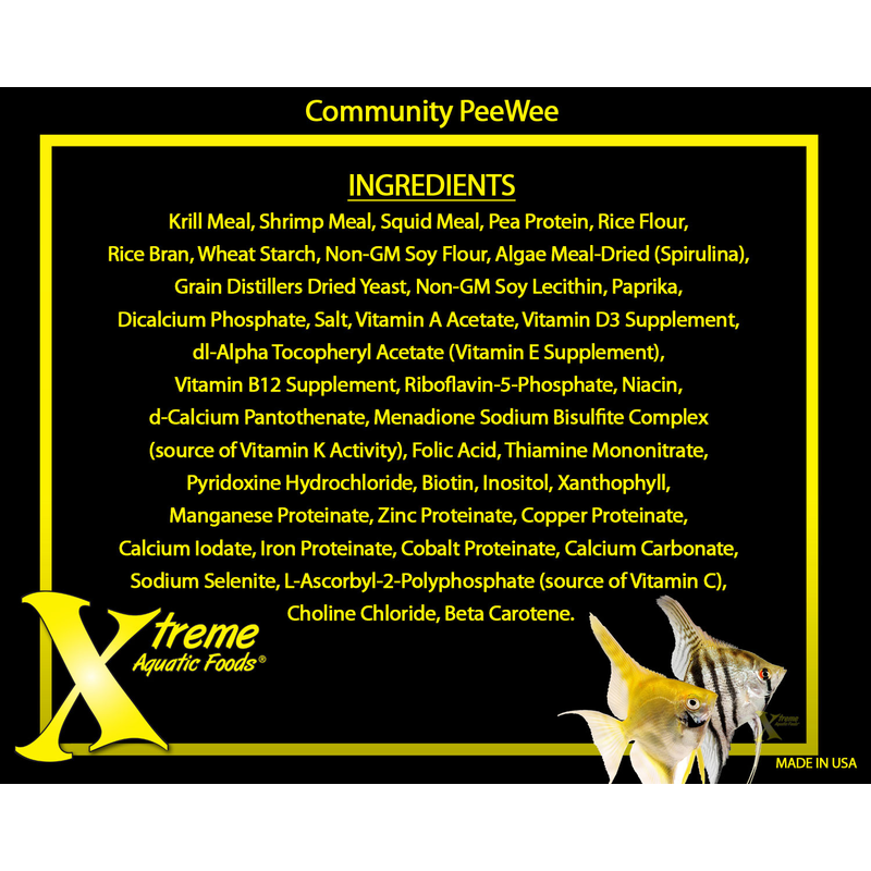 Ingredients list for Community Peewee 1.5mm with Xtreme Aquatic Foods branding on a black background.