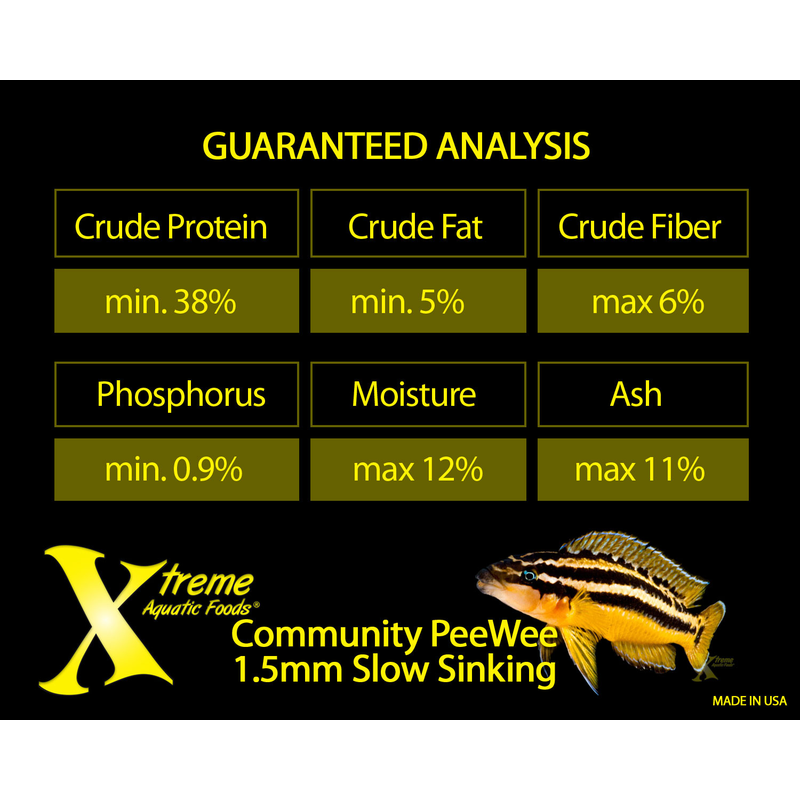 Product label for Xtreme Aquatic Foods Community Peewee 1.5mm with guaranteed analysis details and a fish illustration.