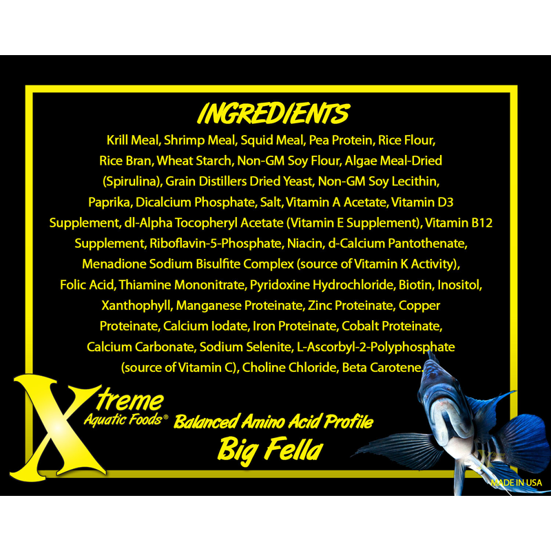 Ingredients list for 3mm Big Fella with Xtreme Aquatic Foods branding on a black background.