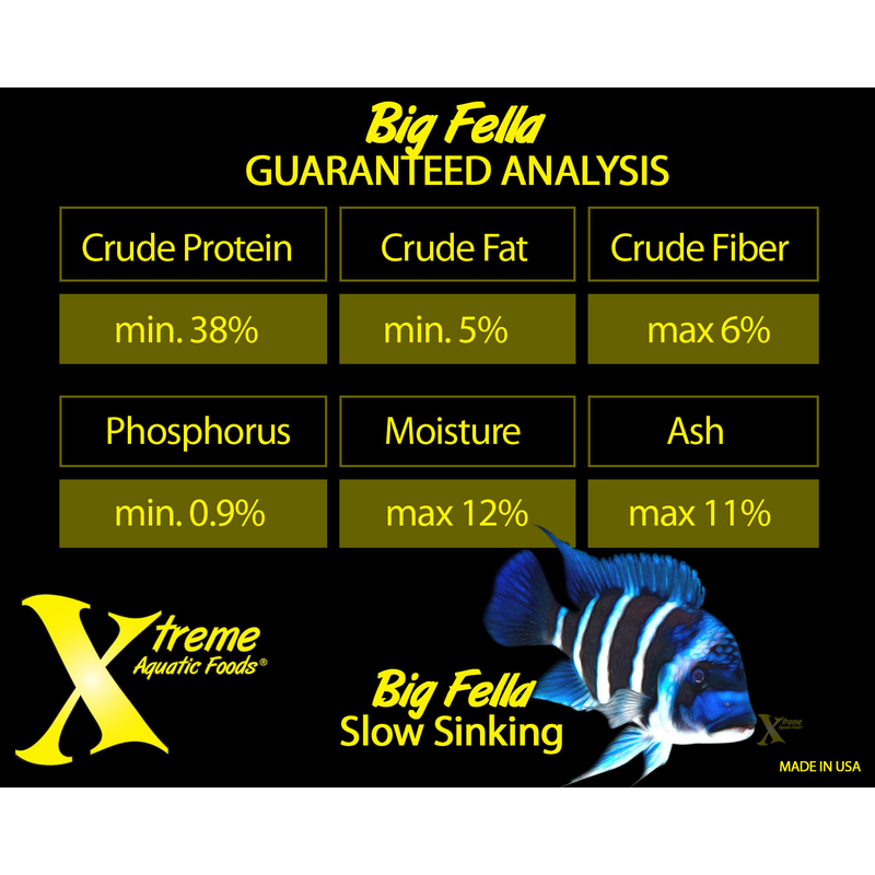 Product label for Xtreme Aquatic Foods 3mm Big Fella with guaranteed analysis details and a fish illustration.