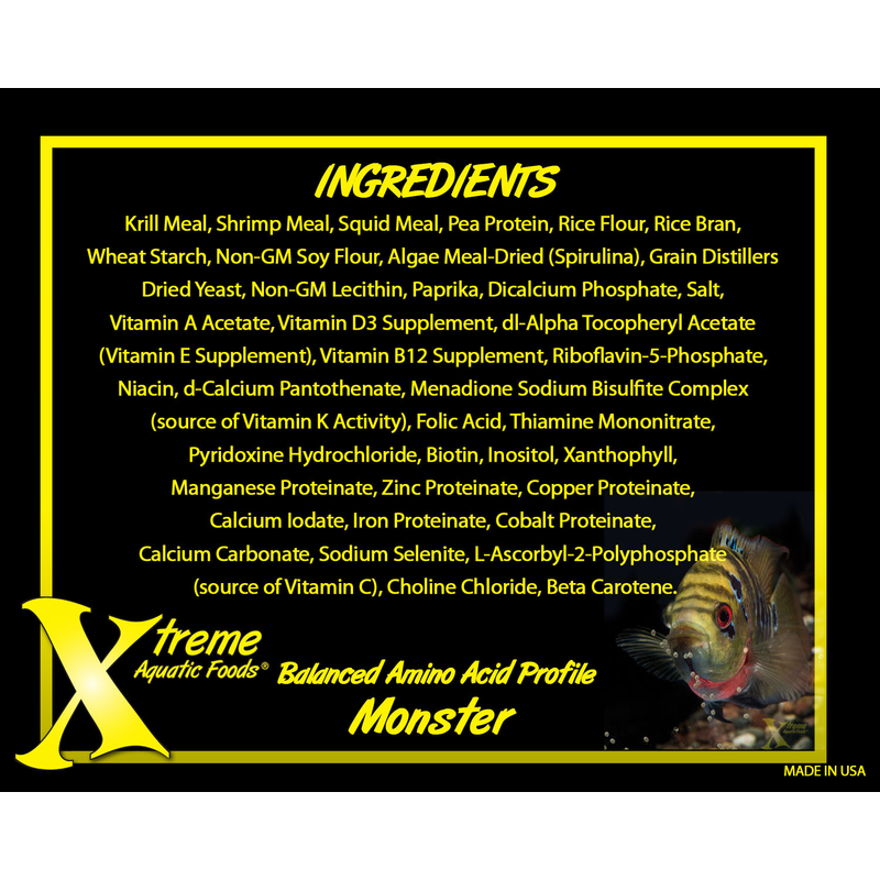 Ingredients list for 9mm Monster Pellet with Xtreme Aquatic Foods branding on a black background.