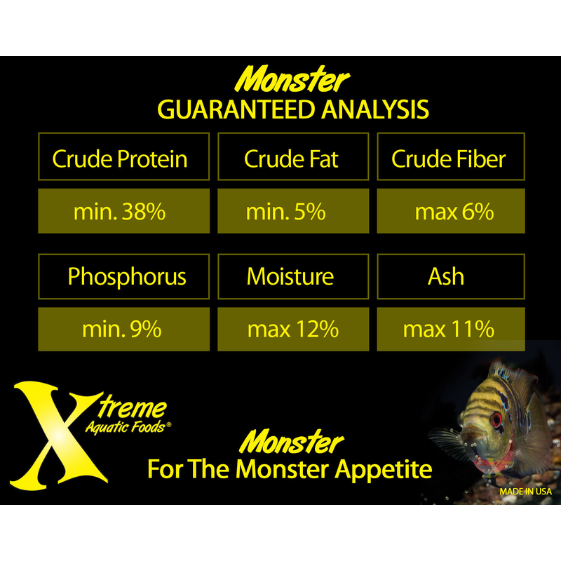 Product label for Xtreme Aquatic Foods 9mm Monster Pellet with guaranteed analysis details and a fish illustration.