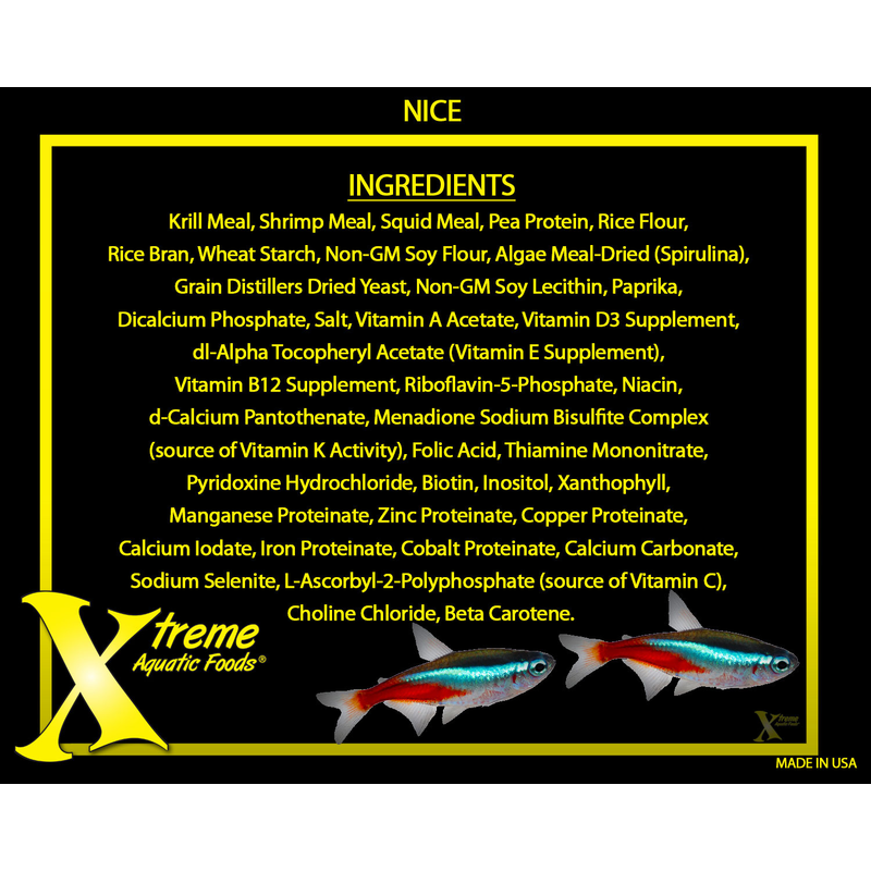 Ingredients list for NICE 1.5mm Pellets with Xtreme Aquatic Foods branding on a black background.