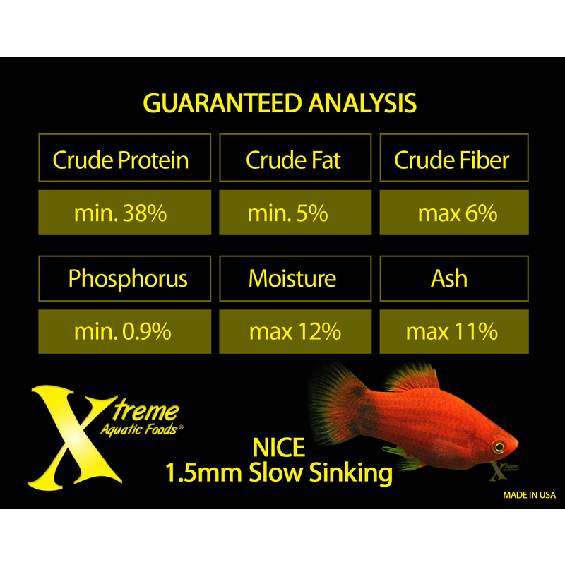 Product label for 1.5mm Slow Sinking NICE Xtreme Aquatic Foods with guaranteed analysis details and a fish illustration.