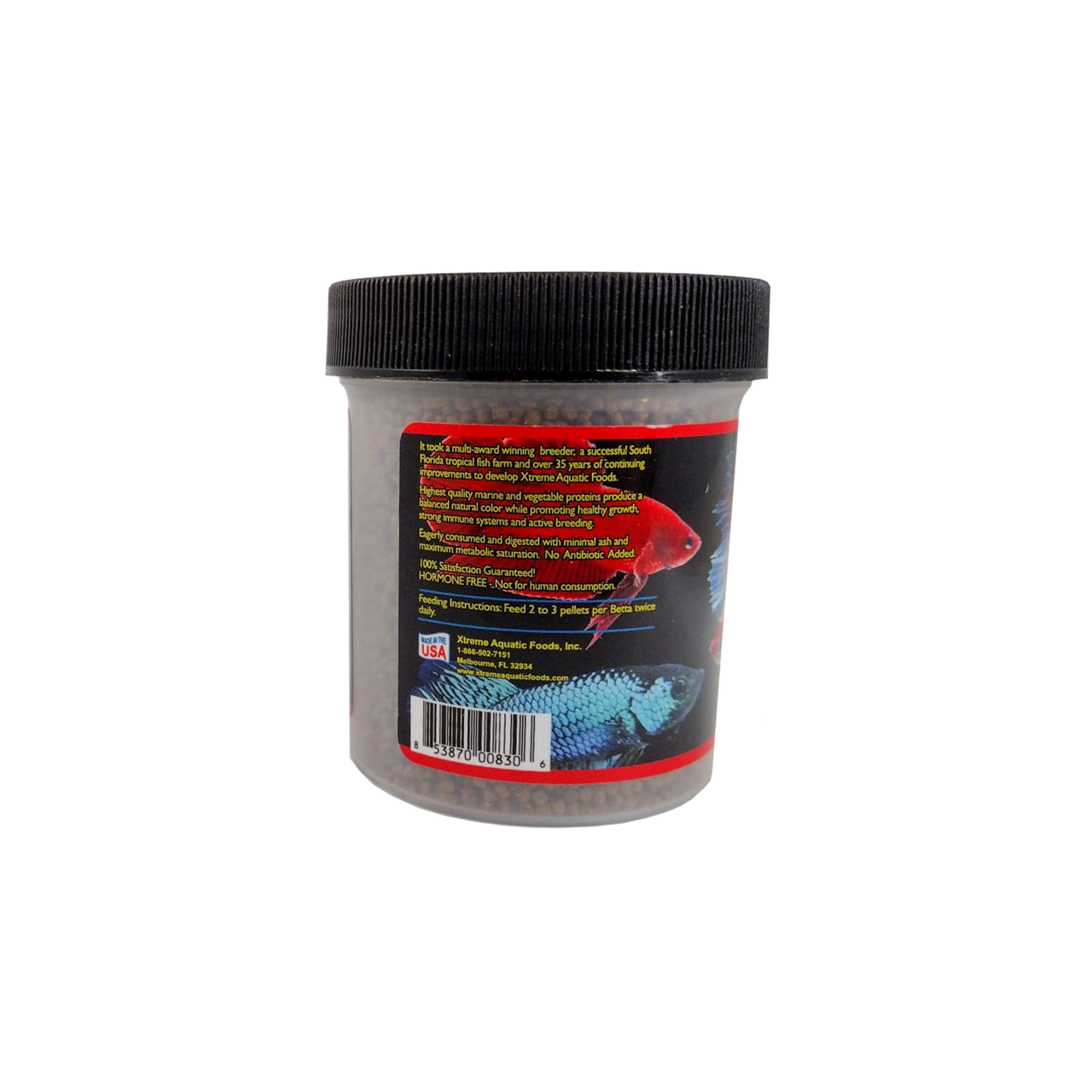 A clear container of Xtreme 71g 1mm Betta Pellet fish food, telling the customer how Xtreme foods started alongside pictures showing various betta fish.
