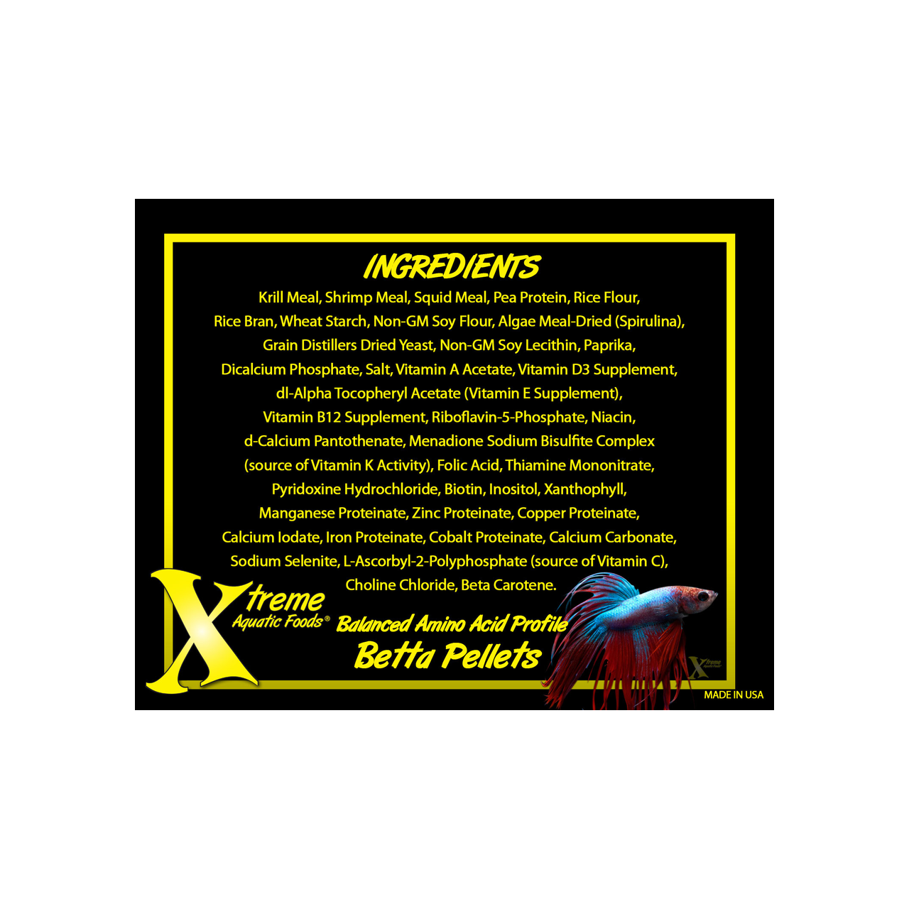Ingredients list for 1mm Betta Pellet with Xtreme Aquatic Foods branding on a black background.