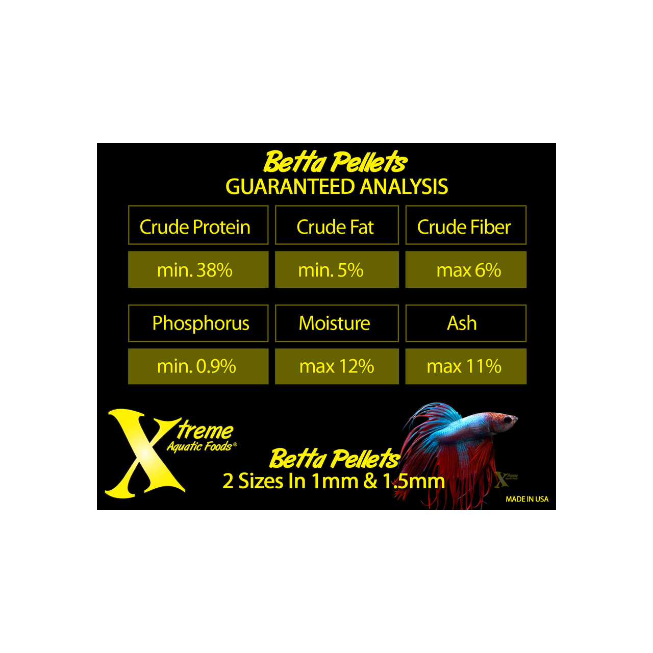 Product label for Xtreme Aquatic Foods 1mm Betta Pellet with guaranteed analysis details and a fish illustration.