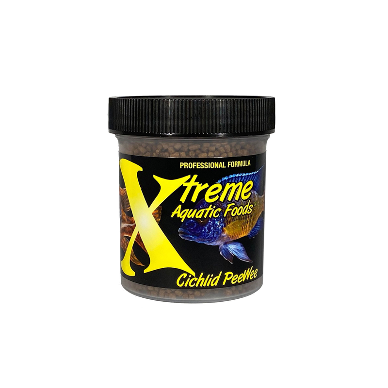 A clear container of Xtreme 70g Cichlid Peewee fish food, showing the product name and description, alongside a label showing various fish and the size of the pellets.