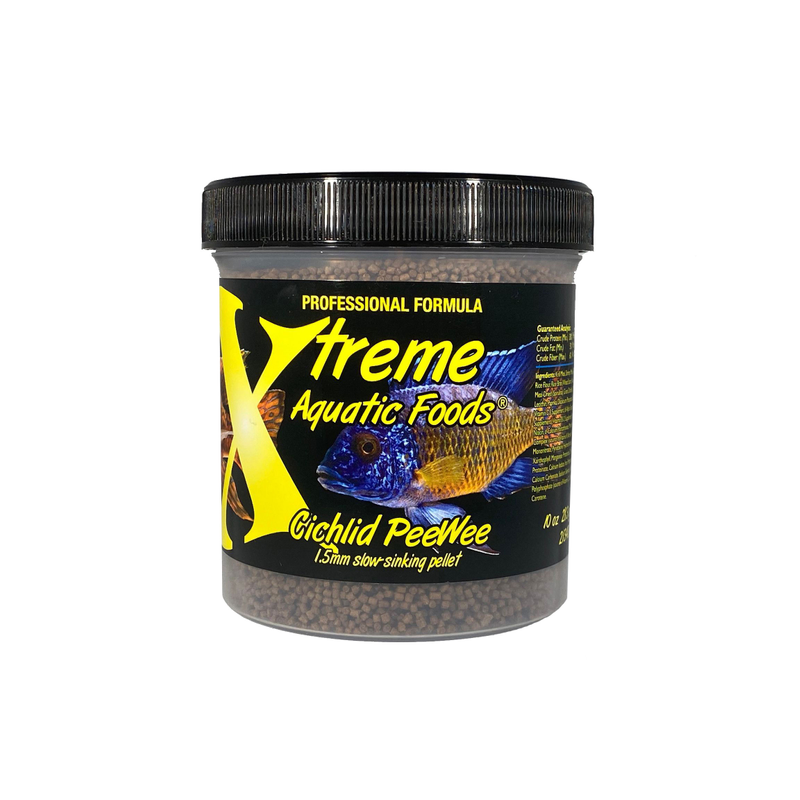 A clear container of Xtreme 141g Cichlid Peewee fish food, showing the product name and description, alongside a label showing various fish and the size of the pellets.