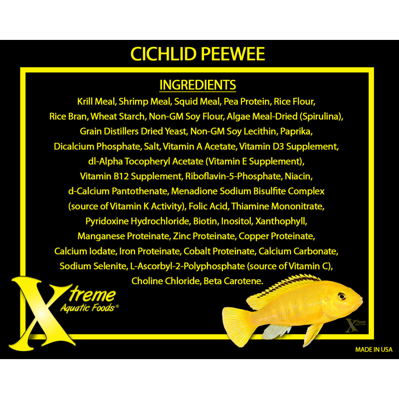 Ingredients list for Cichlid Peewee with Xtreme Aquatic Foods branding on a black background.