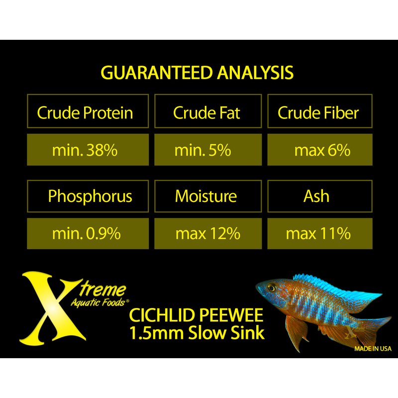 Product label for Xtreme Aquatic Foods Cichlid Peewee with guaranteed analysis details and a fish illustration.