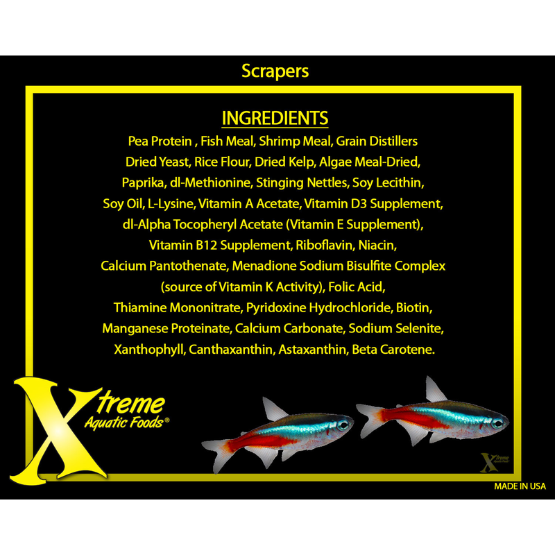 Ingredients list for Scrapers with Xtreme Aquatic Foods branding on a black background.
