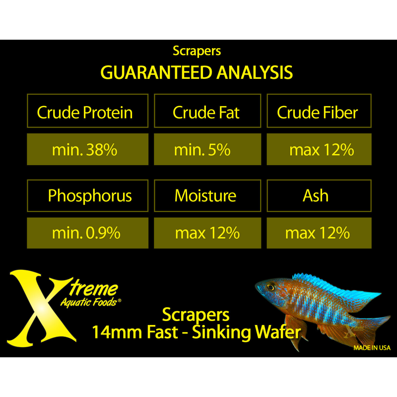 Product label for Xtreme Aquatic Foods Scrapers Sinking Wafer with guaranteed analysis details and a fish illustration.