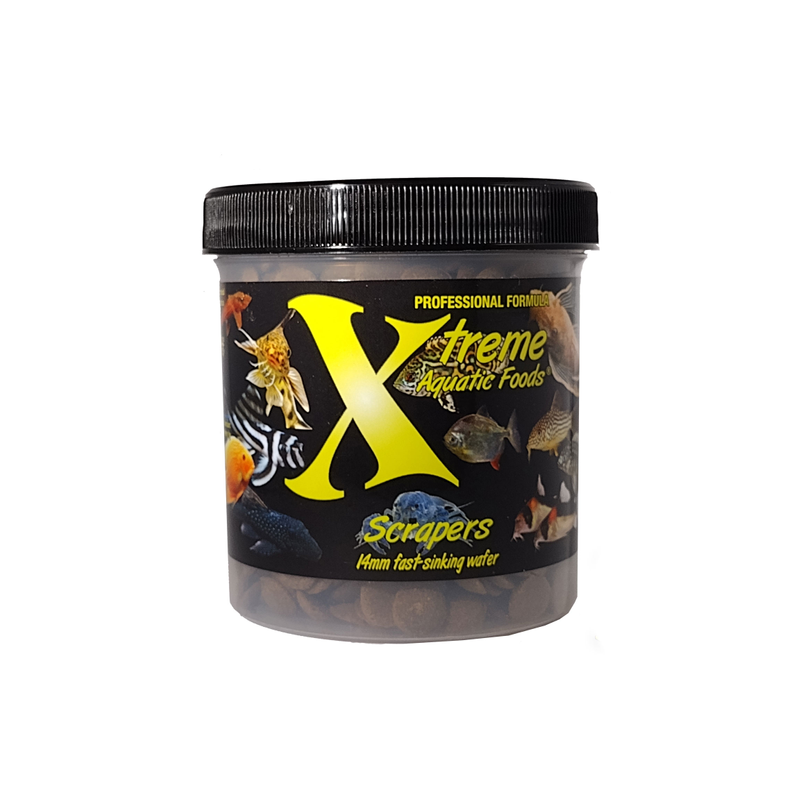 A container of Xtreme 280g Scrapers fish food, showing the product name and description, alongside images of fish and the size of the food pellets.