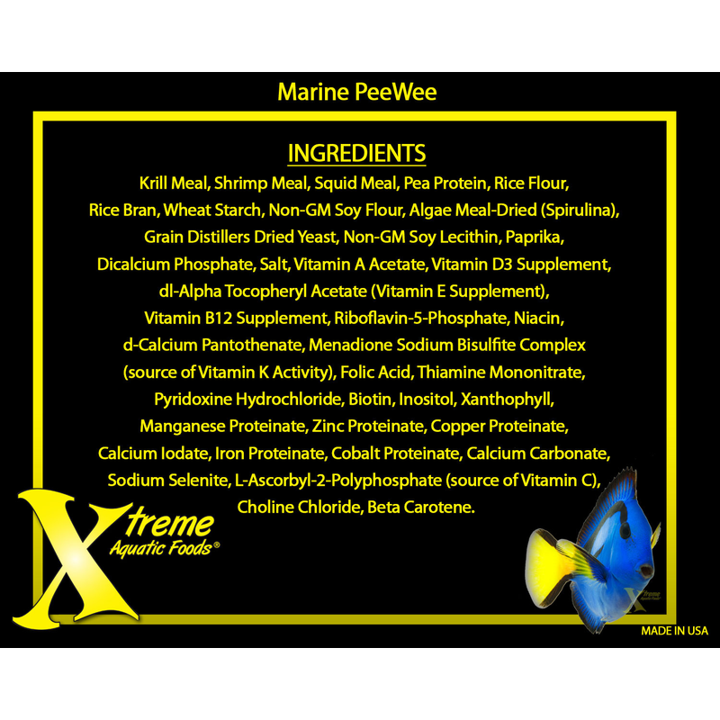 Ingredients list for Marine PeeWee with Xtreme Aquatic Foods branding on a black background.